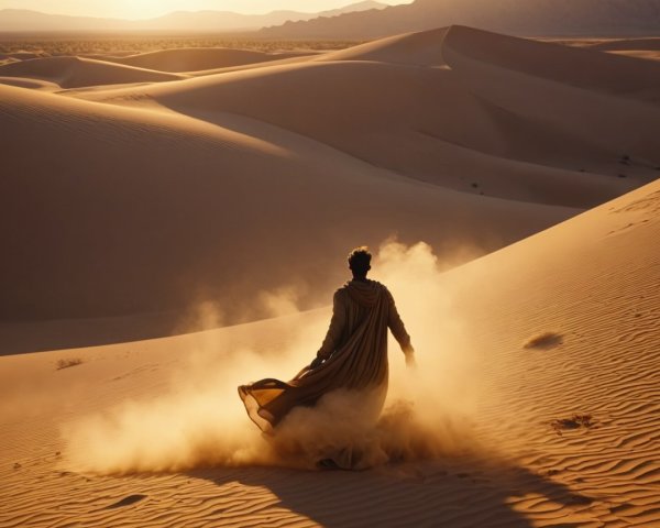 Solitary Figure in Golden Sand Dunes at Sunset