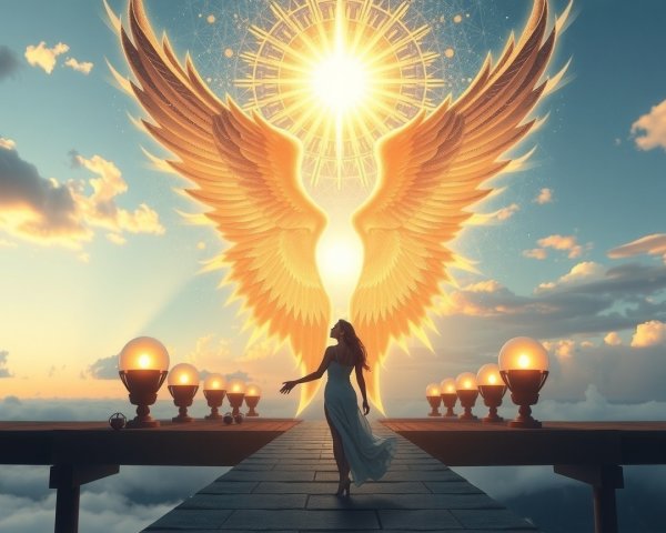 Serene figure in white dress on cloud pathway with wings