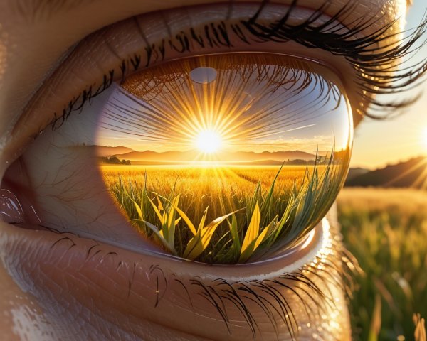 Close-up of a human eye reflecting a sunrise scene