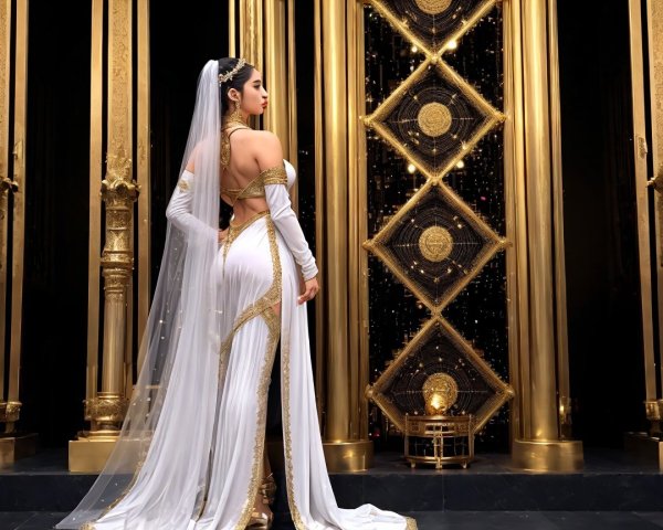 Elegant Woman in White Gown with Golden Details