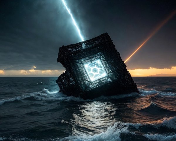 Weathered Cube Emerges from Stormy Ocean Waters