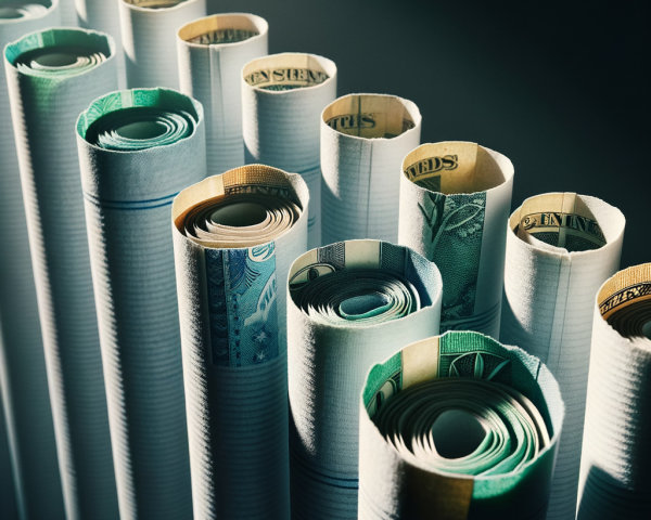 Rolled Banknotes Display with Colorful Denominations