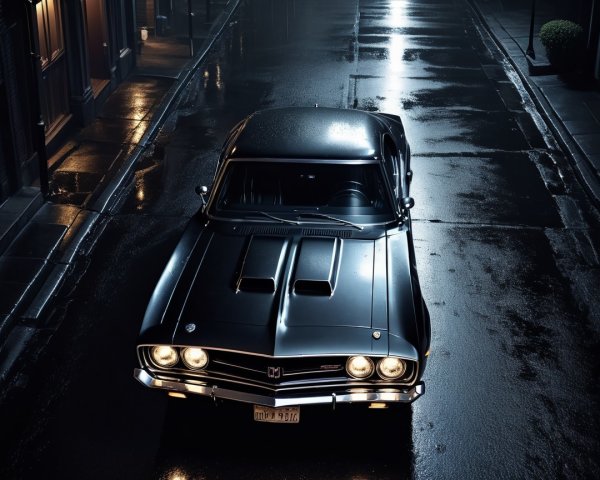 Vintage Muscle Car on Rain-Soaked Urban Street