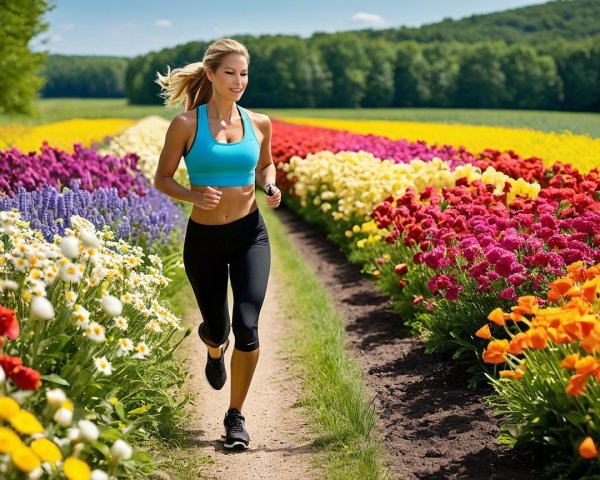 Blonde Woman Running Through Colorful Flower Field