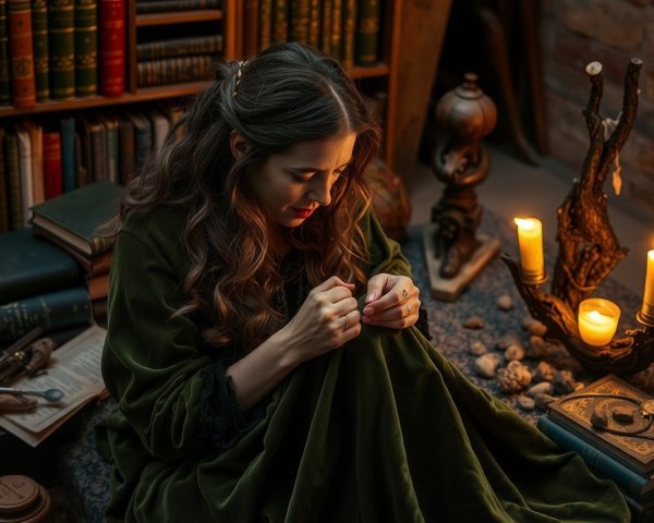 Young Woman Sewing in Cozy Vintage Room