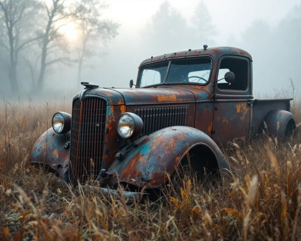 Rusting Pickup Truck in Foggy Overgrown Field