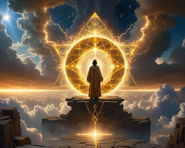 Cloaked Figure by Glowing Geometric Portal in Clouds