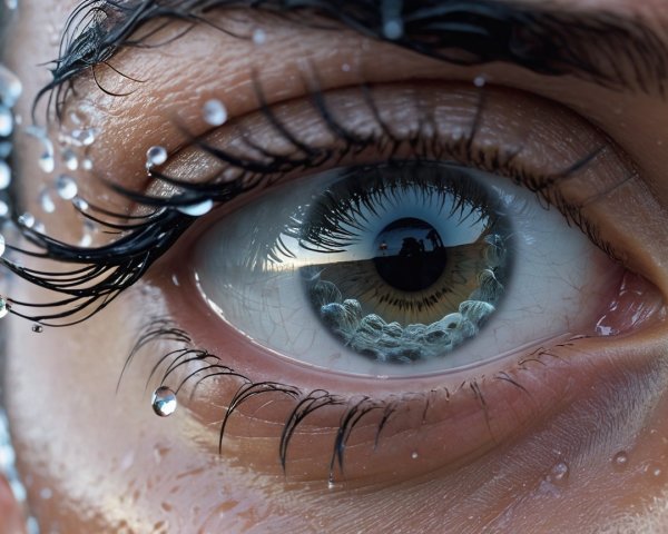 Close-Up of a Human Eye with Water Droplets and Iris Patterns