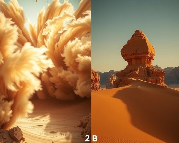 Dramatic Desert Landscape with Sandstorm and Rock Formation