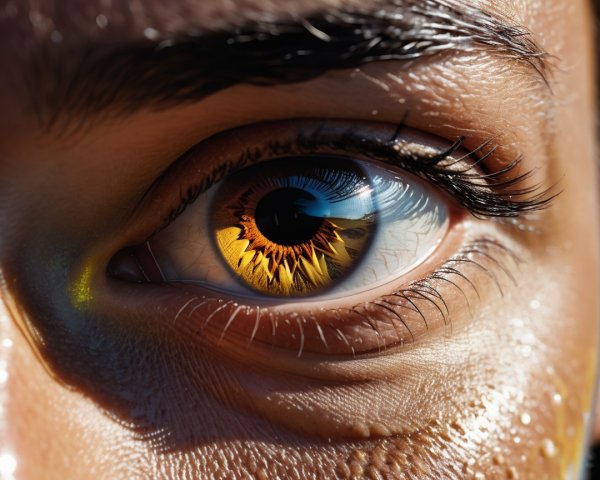 Close-up of an eye with sunflower-patterned iris