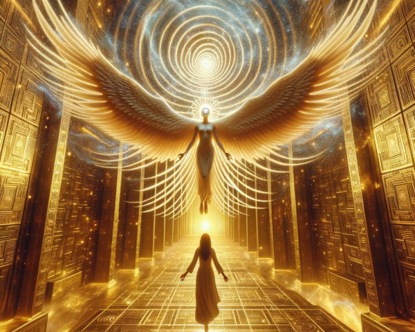 Angel with Golden Wings in Mystical Cosmic Space