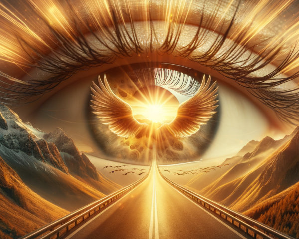 Surreal Landscape with Giant Eye and Mountain Horizon