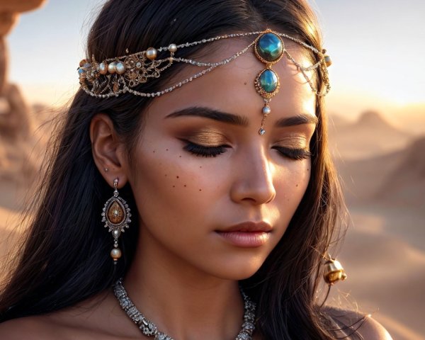 Serene Woman in Desert with Ornate Headpiece