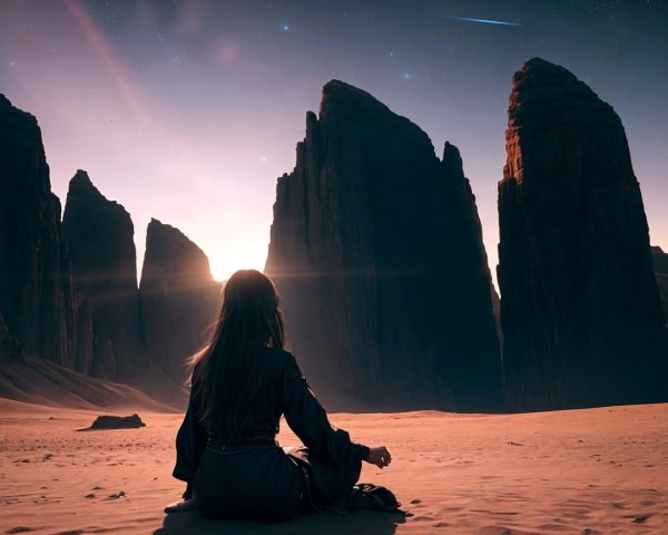 Serene Desert Scene with Sunset and Starry Sky