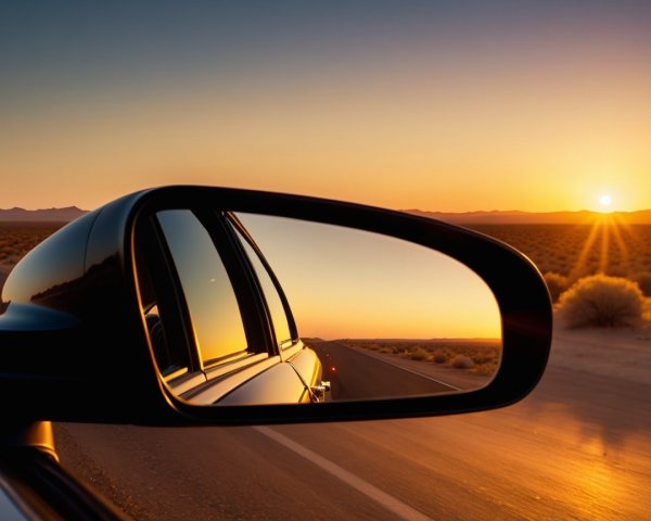 Car Side Mirror Reflecting Sunset Over Desert Road