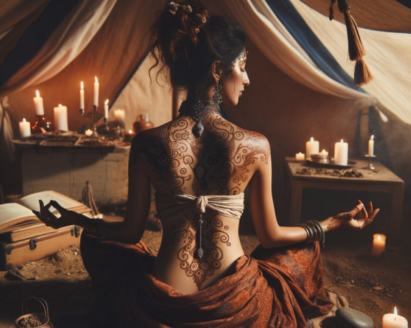 Serene Woman in Tent with Henna and Candles