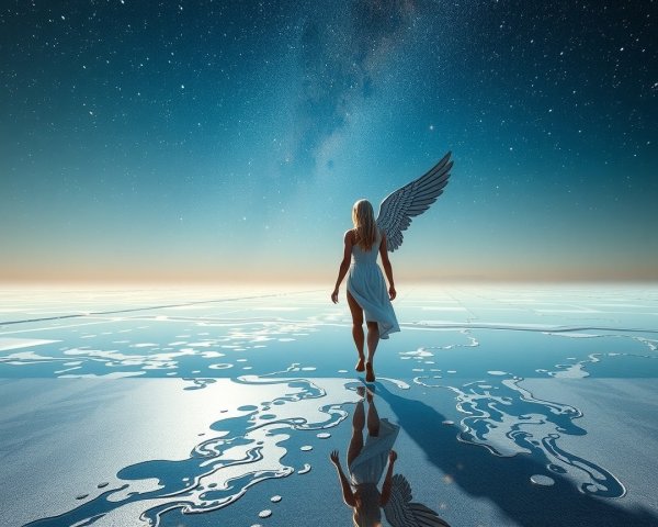 Figure with Large Wing by Serene Reflective Surface