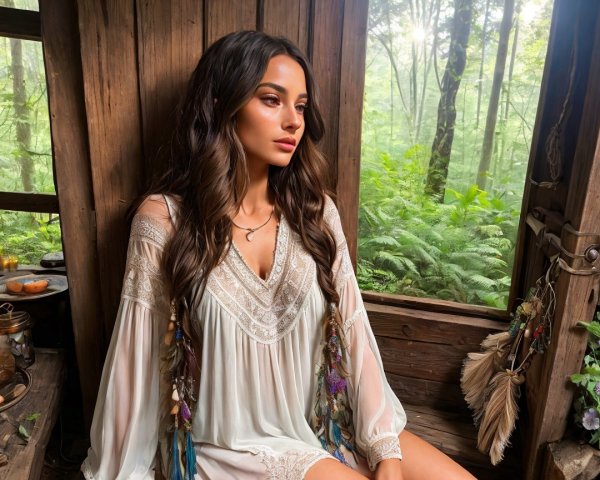 Woman in flowing dress amid rustic greenery setting