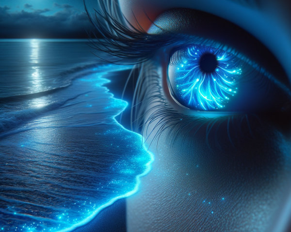 Close-Up of Eye with Galaxy Iris and Ocean Reflection