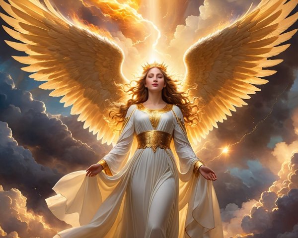 Majestic Figure with Golden Wings Against Dramatic Clouds