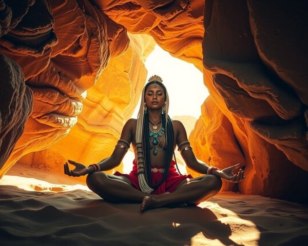 Serene figure in vibrant desert landscape with sunlight