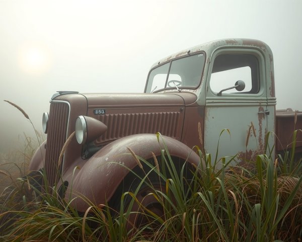 Old Rusted Pickup Truck in Foggy Grass Landscape