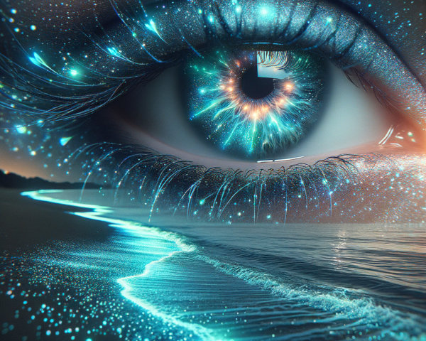 Close-Up of an Eye Reflecting a Cosmic Scene