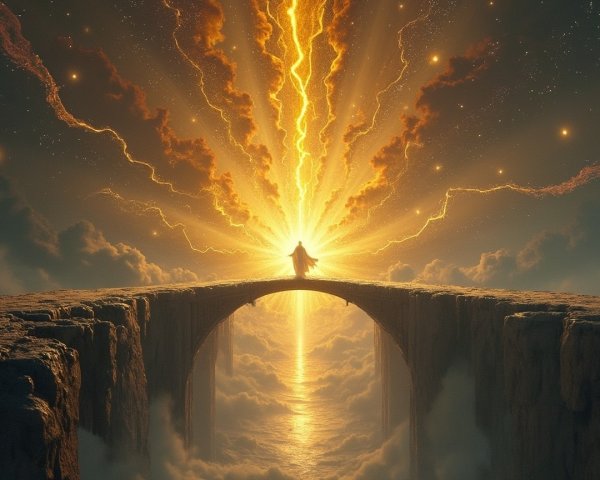 Mystical Figure on a Grand Bridge in Golden Light