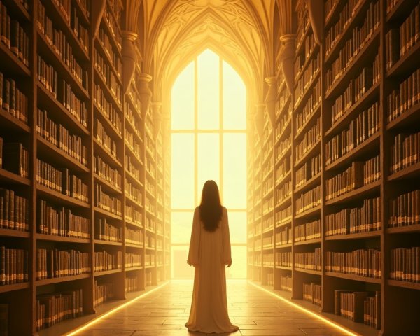 Woman in White Gown in Grand Library with Bookshelves