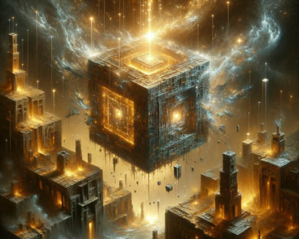 Golden Cube Above Ancient Cityscape with Light Beams