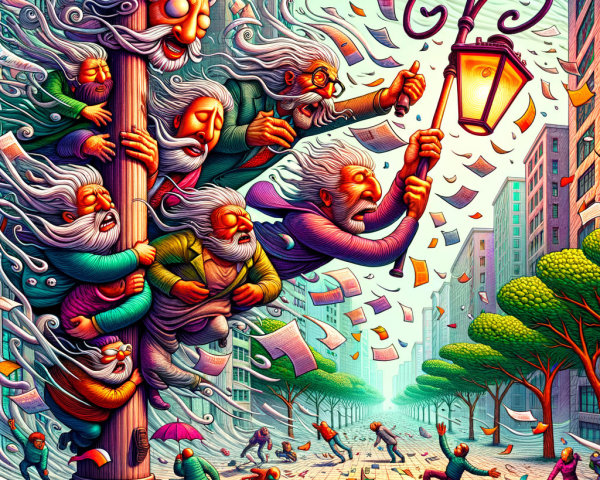 Whimsical Figures Around a Lamppost in Cityscape