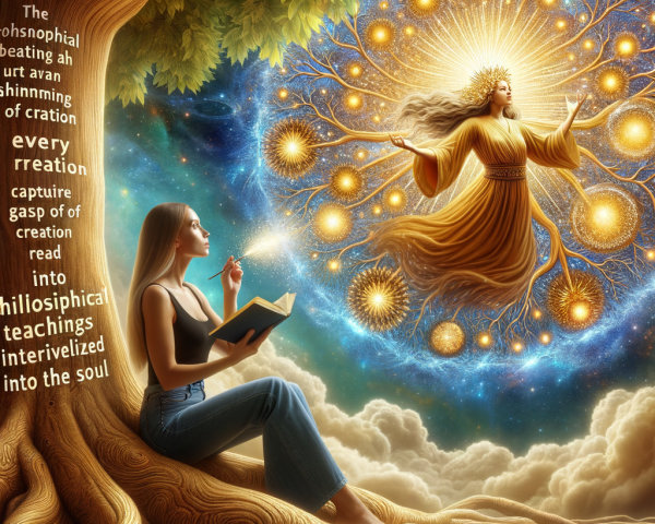 Young woman reading under a radiant tree with stars