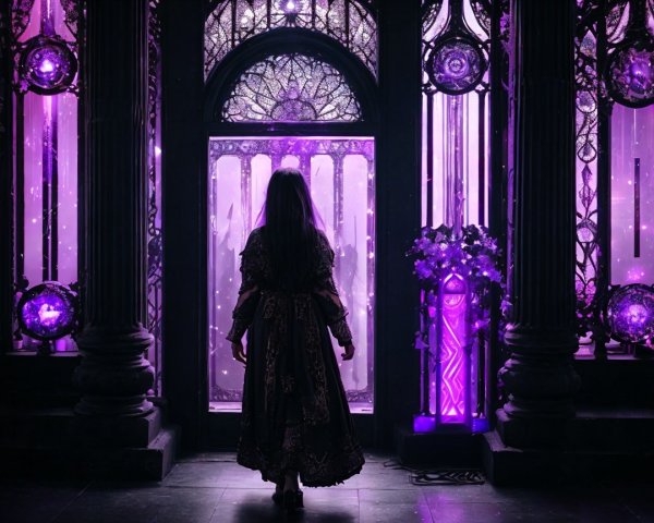 Mysterious Figure Before Ornate Illuminated Doorway