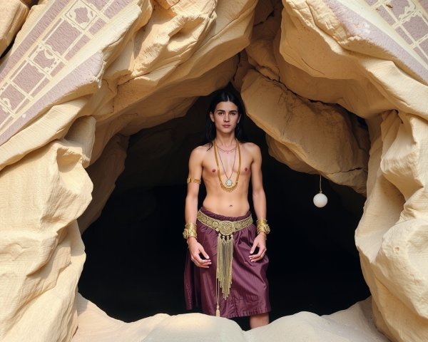 Young man in traditional attire at sandy cave entrance