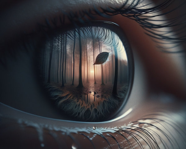 Close-up of a human eye with mystical forest reflection