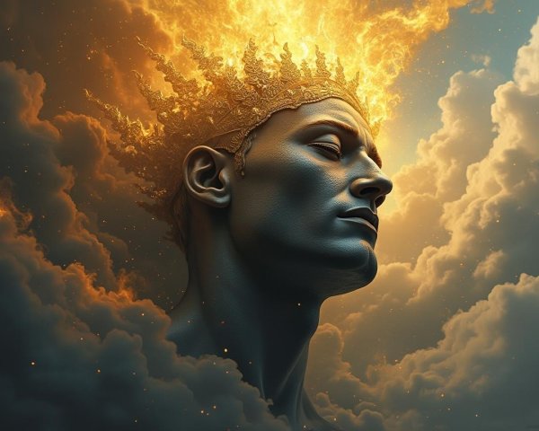 Ethereal Figure with Fiery Mane and Soft Clouds