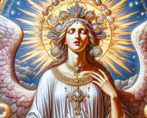 Majestic angelic figure in radiant light and jewelry