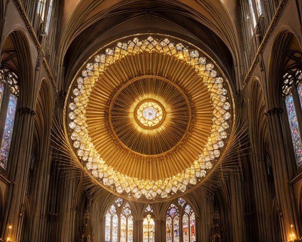 Grand Cathedral Ceiling with Stained Glass and Arches