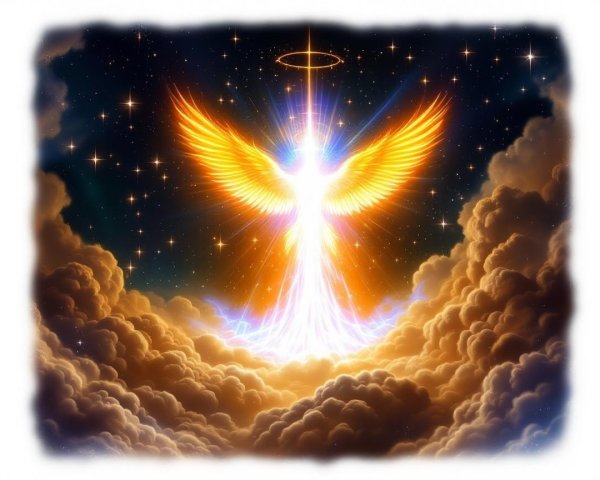 Radiant angel with orange and white wings in clouds