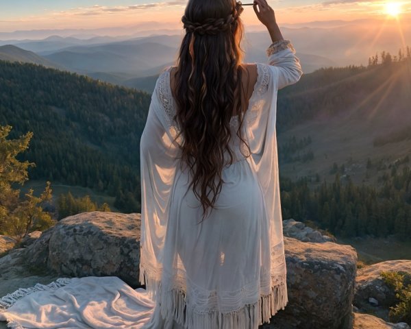 Woman in White Garment at Mountain Overlook at Sunset