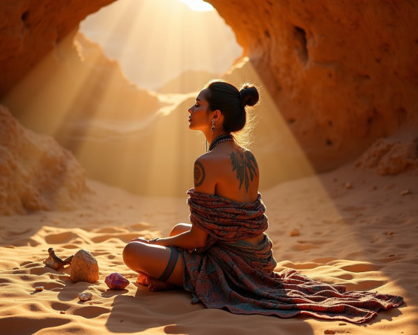 Woman in Desert Landscape with Sunlight and Tattoo