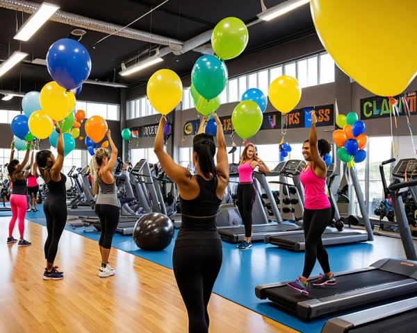 Vibrant Fitness Class in Modern Gym with Balloons
