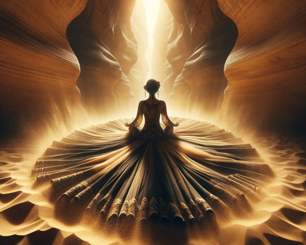 Elegant figure in gown within a serene canyon setting
