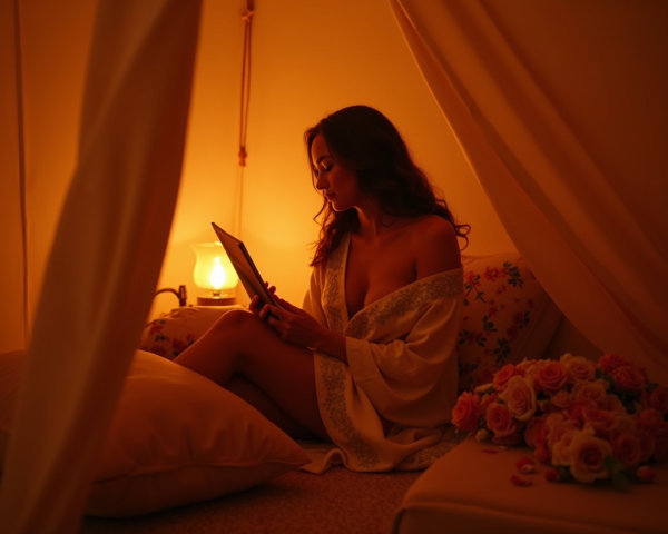 Cozy Tent Scene with Woman Reading by Lantern Light