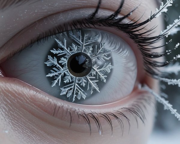 Macro Close-Up of a Human Eye with Snowflake Overlay
