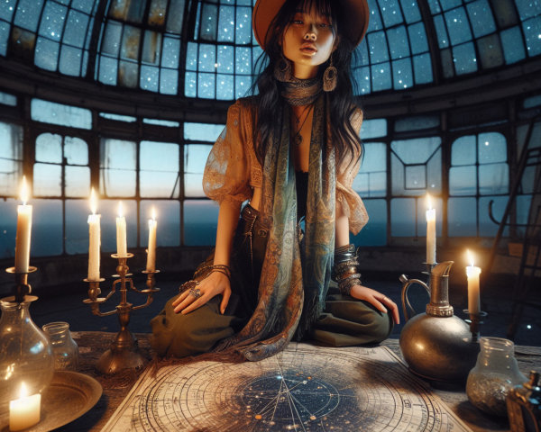 Mystical Scene with Young Woman on Celestial Map