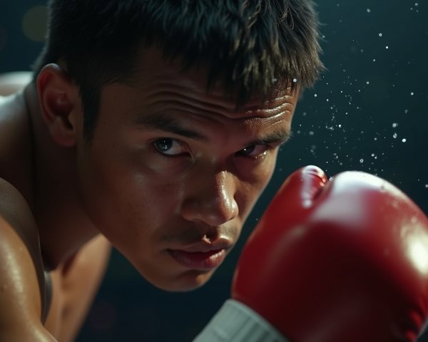 Intense Boxer Portrait with Red Glove and Focused Expression