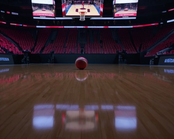 Basketball on Polished Court in Empty Arena