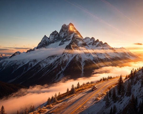 Mountain Landscape at Sunrise with Fog and Trees