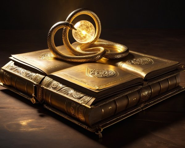 Ornate golden book with serpent and glowing orb
